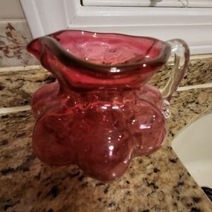 Vintage Cranberry Bulbous Kanawha Glass 4 x 5 Inch Pitcher Vase